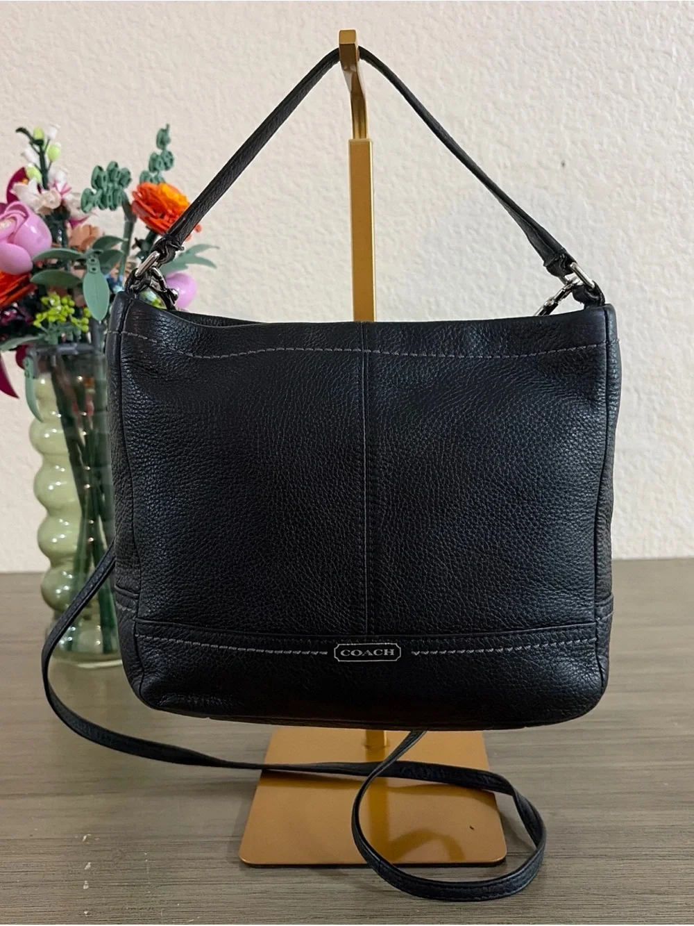 Coach Park Pebbled Leather Crossbody Black Handbag Hobo Emerald Green Lining